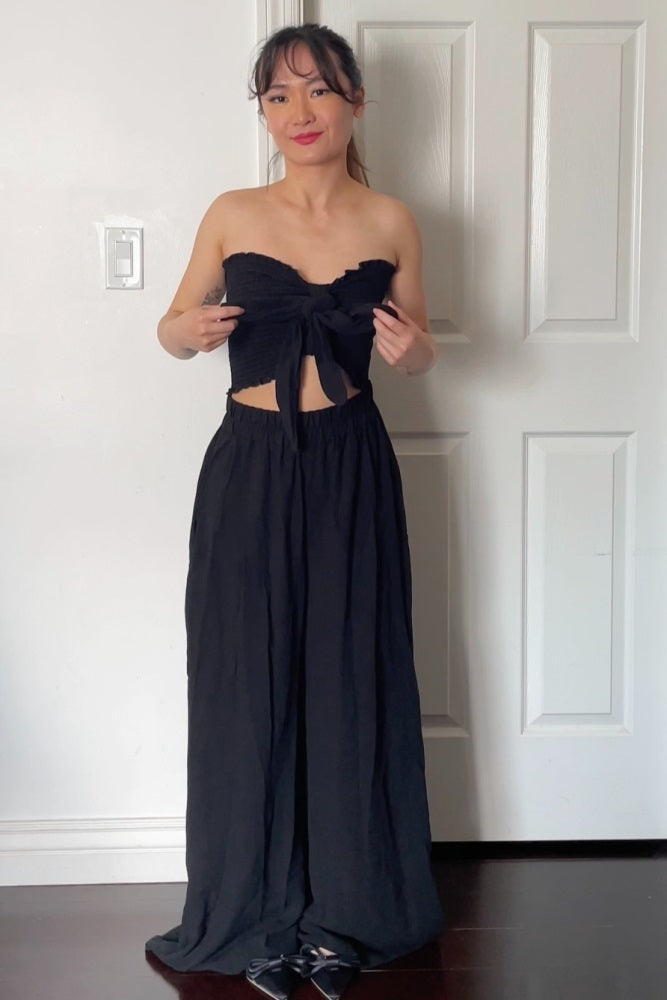 Black Front Tie Crop Top and Pant Set