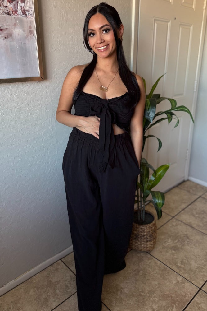 Black Front Tie Crop Top and Pant Maternity Set