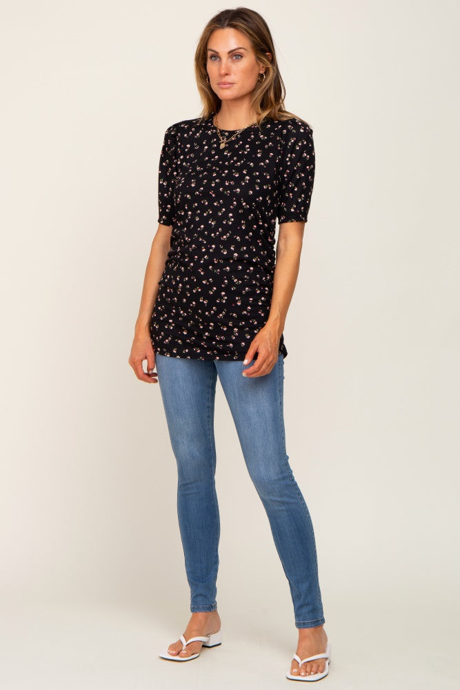 Side Rouche Shorrt Black Floral Side Ruched Short Sleeve Top – PinkBlush