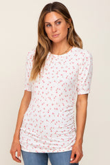 Ivory Floral Side Ruched Maternity Short Sleeve Top