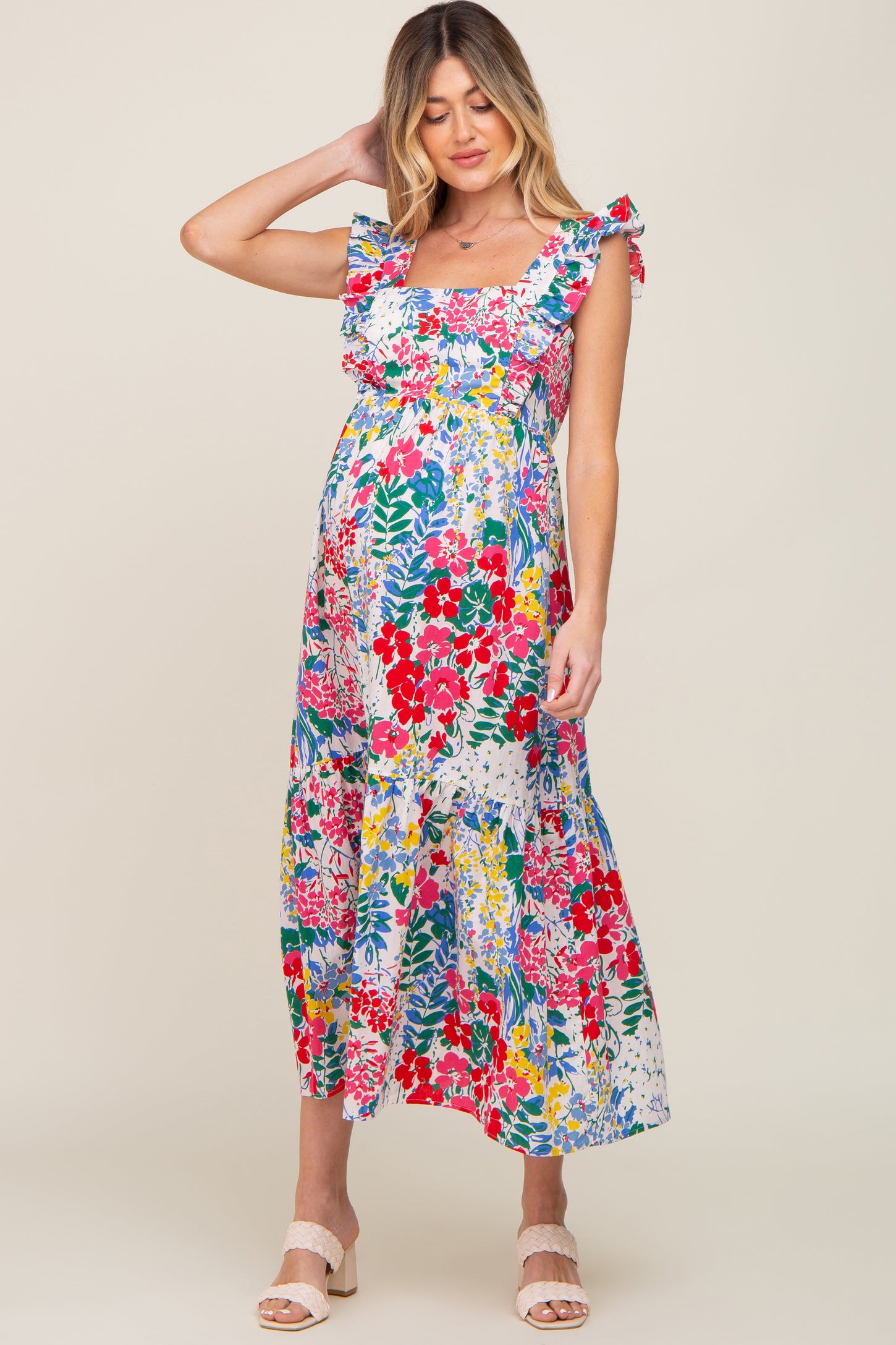 Multicolor Floral Ruffle Accent Maternity Maxi Dress