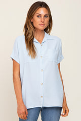 Light Blue Collared Button-Down Short Sleeve Blouse