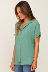 Green Collared Button-Down Short Sleeve Blouse
