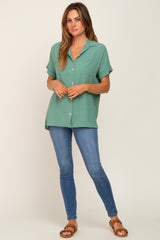 Green Collared Button-Down Short Sleeve Blouse
