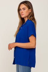 Royal Blue Collared Button-Down Short Sleeve Blouse