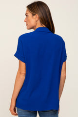 Royal Blue Collared Button-Down Short Sleeve Blouse