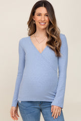 Blue Ribbed Long Sleeve Wrap Maternity Nursing Top