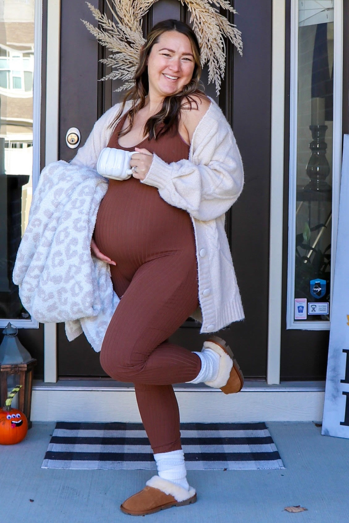 Brown Ribbed Bodycon Maternity Jumpsuit