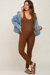 Brown Ribbed Bodycon Maternity Jumpsuit