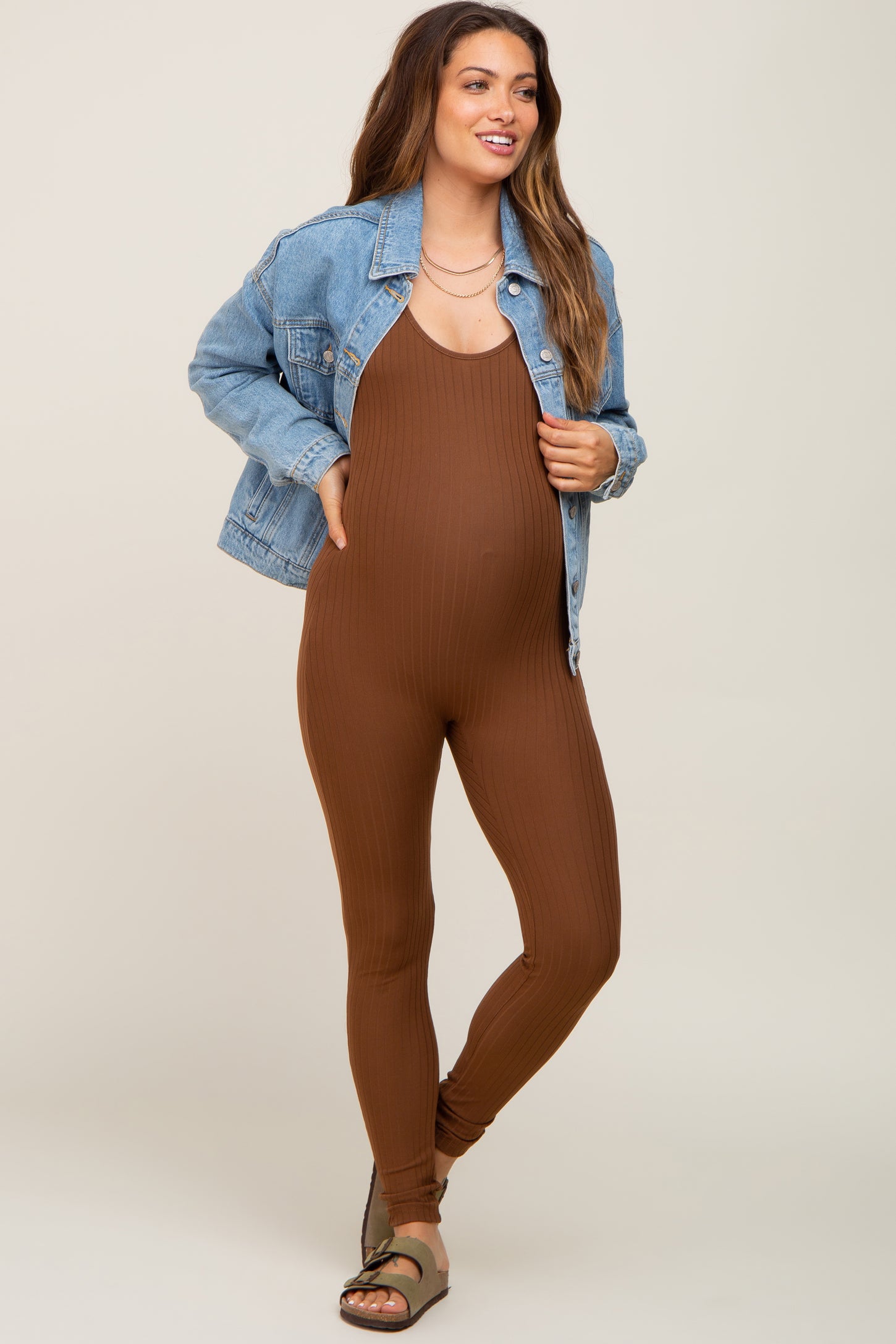 Brown Ribbed Bodycon Maternity Jumpsuit