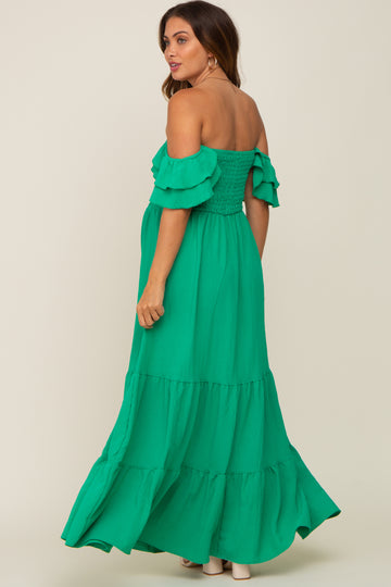 Green Smocked Ruffle Off Shoulder Tiered Maternity Maxi Dress