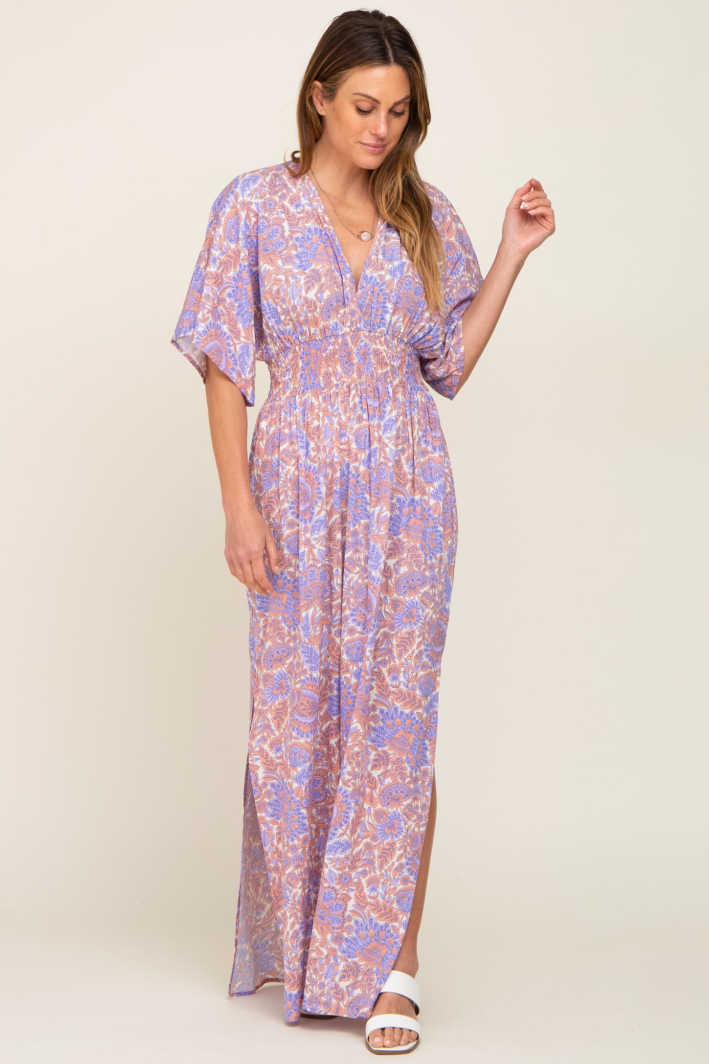 Multi-Color Floral V-Neck Smocked Waist Maternity Maxi Dress