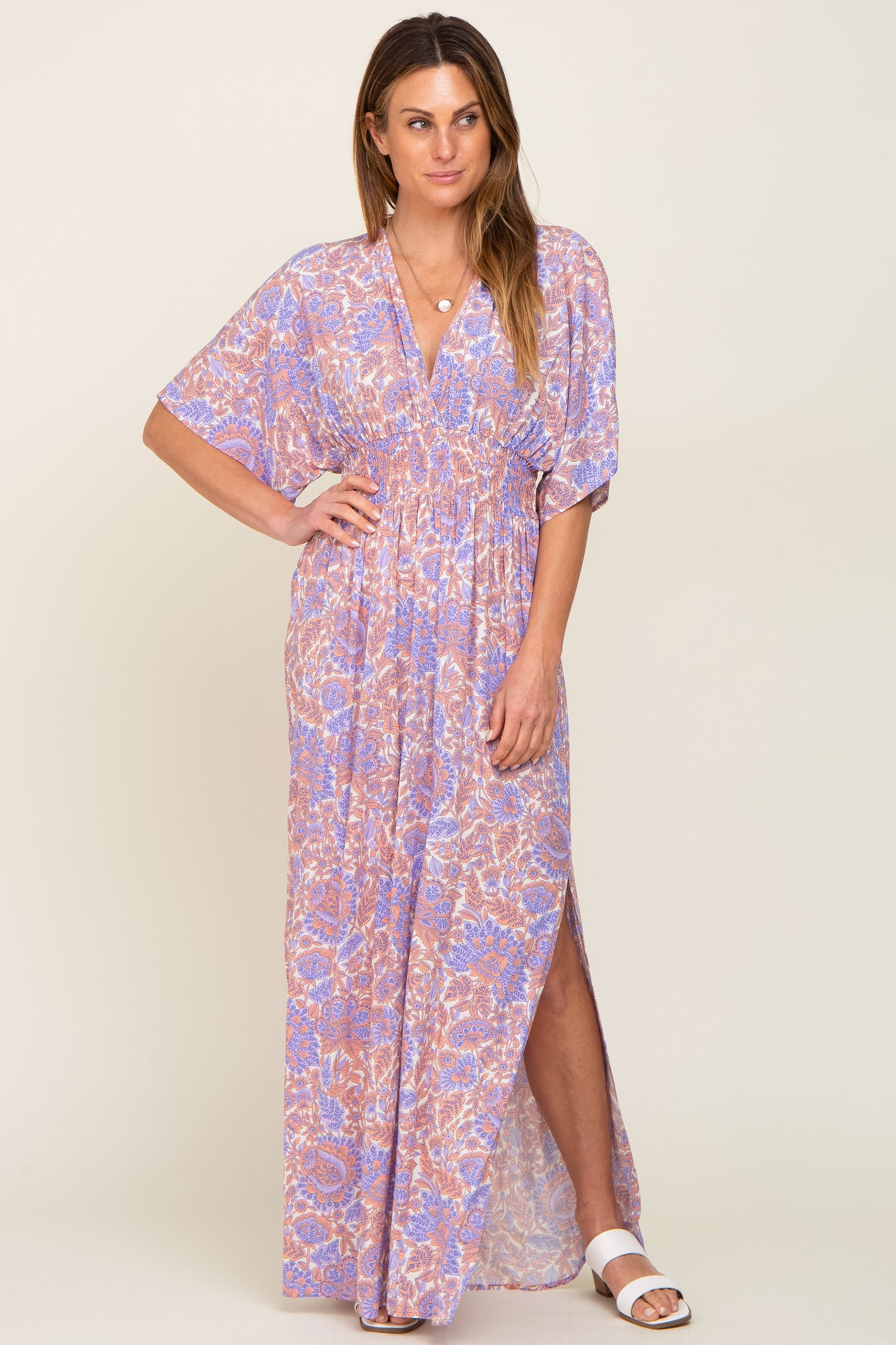 Multi-Color Floral V-Neck Smocked Waist Maxi Dress