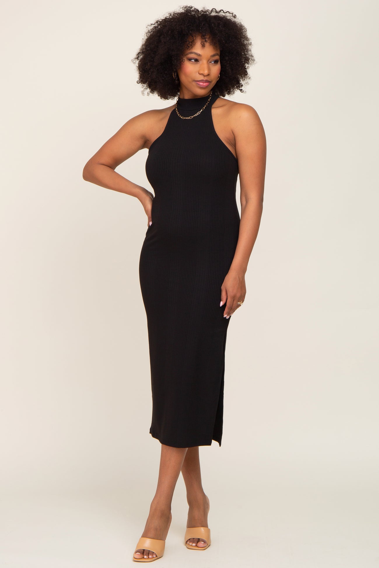 Black Ribbed Mock Neck Sleeveless Side Slit Midi Dress – PinkBlush