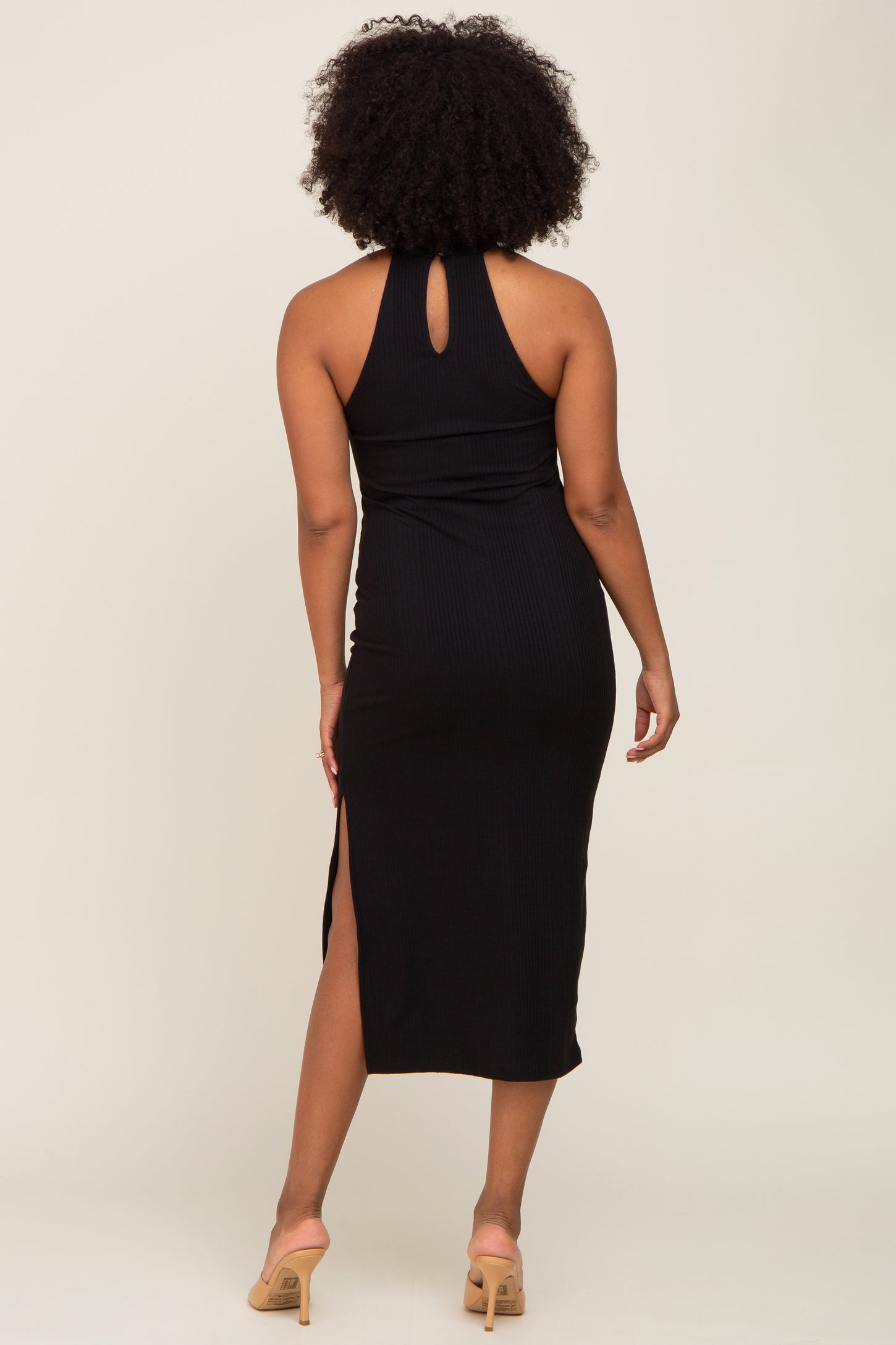 Black Ribbed Mock Neck Sleeveless Side Slit Midi Dress PinkBlush Black Ribbed Mock Neck Sleeveless Side Slit Midi Dress PinkBlush