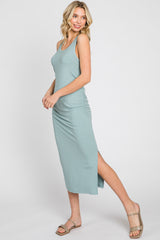 Mint Ribbed Sleeveless Ruched Side Slit Midi Dress