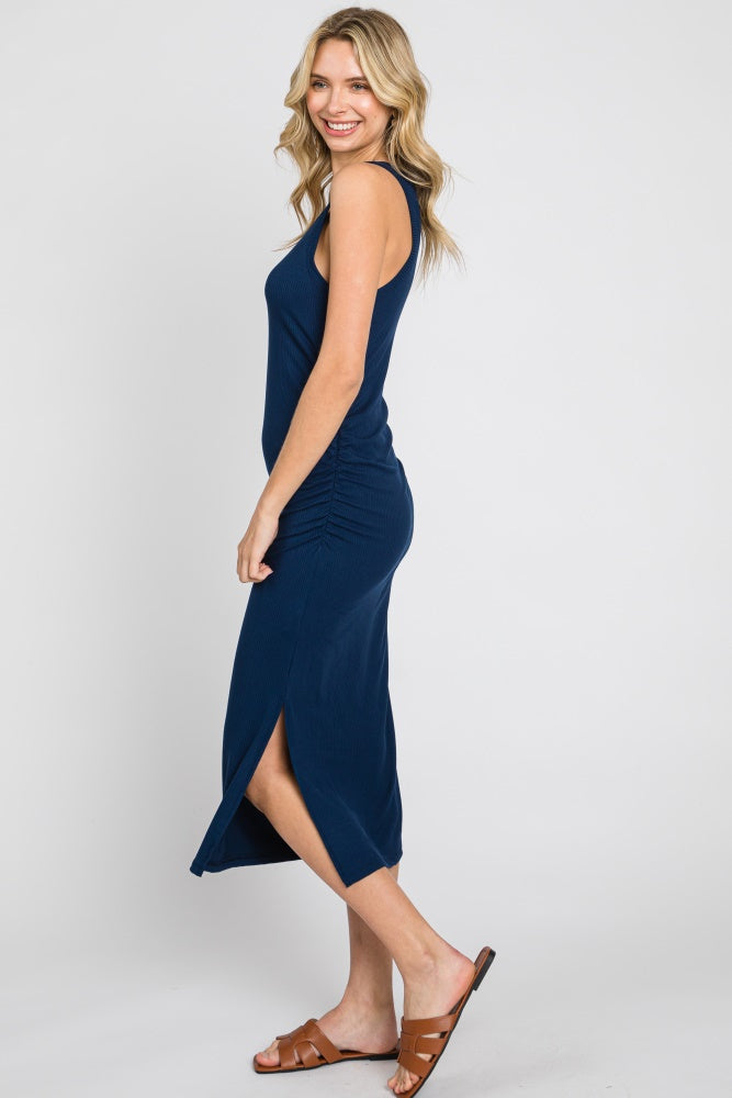 Navy Ribbed Sleeveless Ruched Side Slit Midi Dress Navy Ribbed Sleeveless Ruched Side Slit Midi Dress