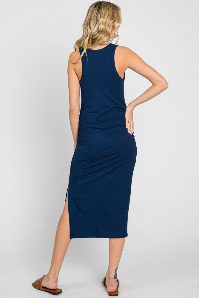 Navy Ribbed Sleeveless Ruched Side Slit Midi Dress PinkBlush Navy Ribbed Sleeveless Ruched Side Slit Midi Dress PinkBlush