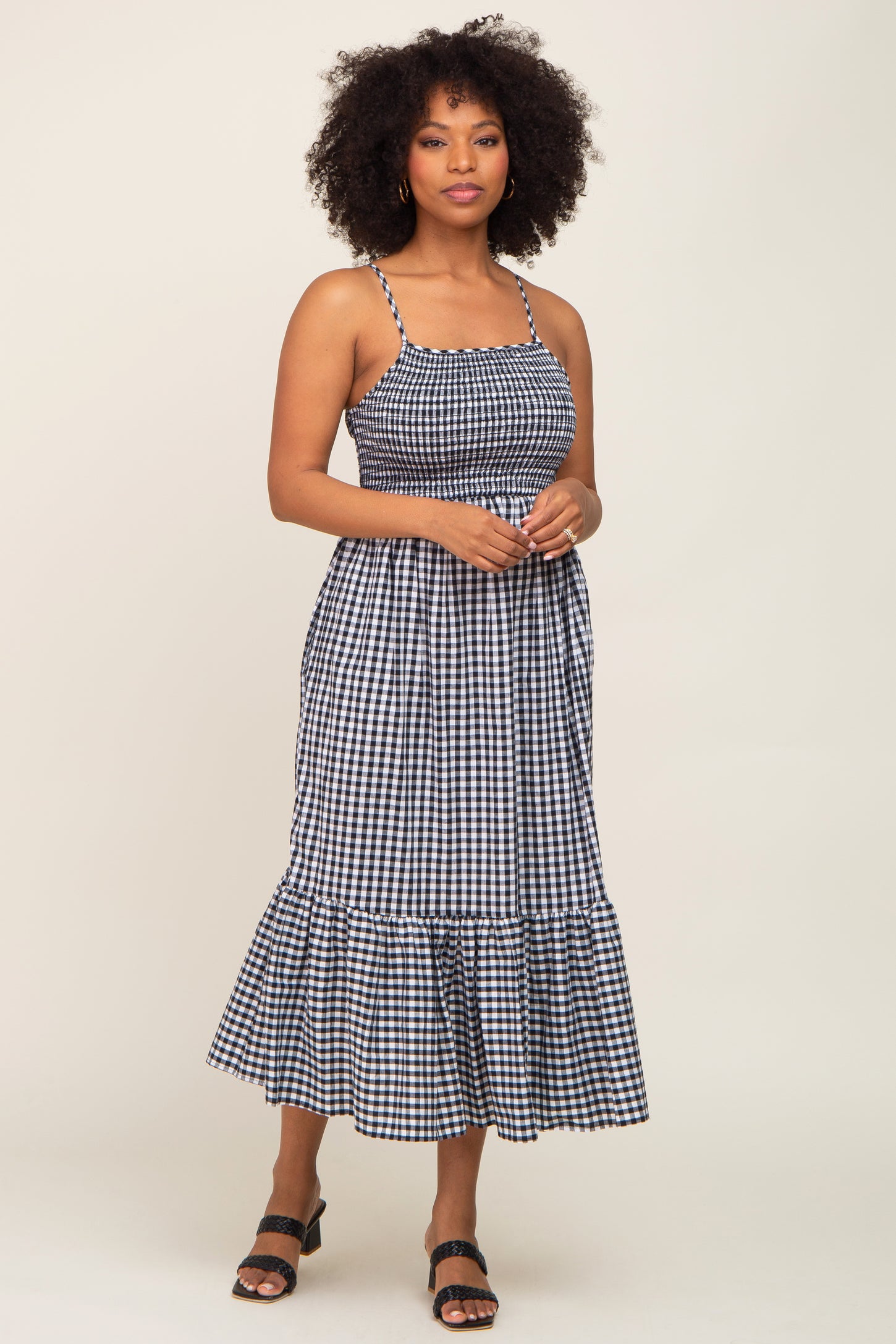 Black Gingham Smocked Maternity Midi Dress Black Gingham Smocked Maternity Midi Dress