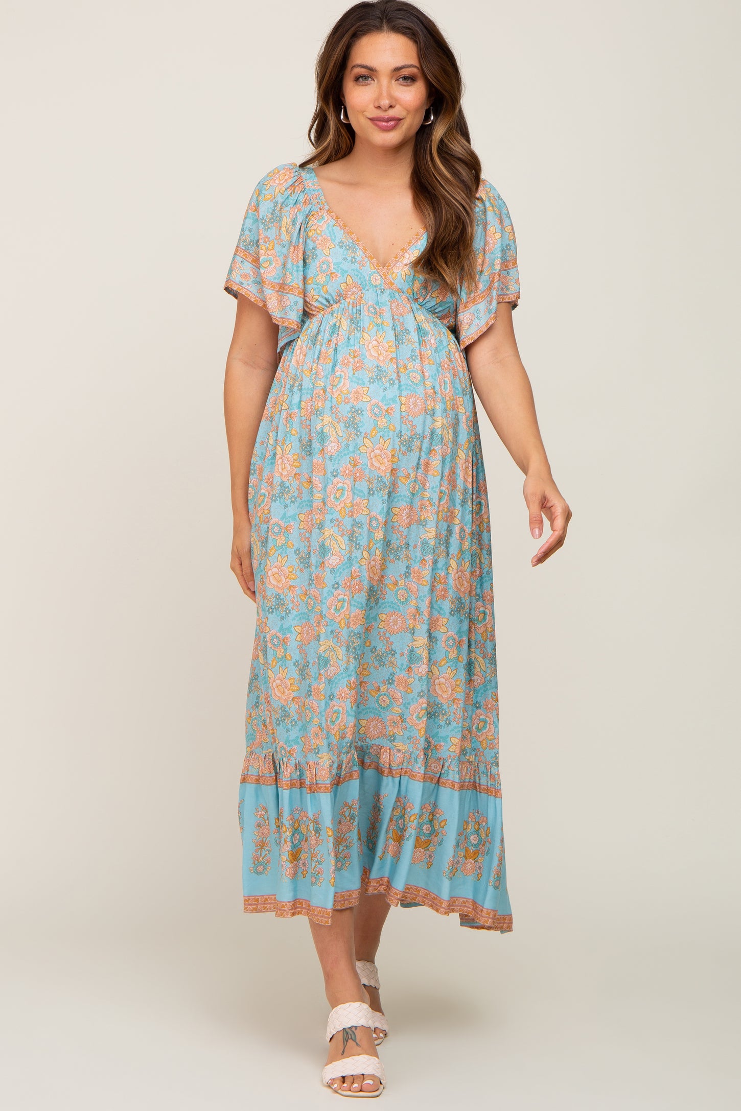 aqua floral midi dress Aqua Floral Puff Sleeve Midi Dress Peacocks & Pearls Lexington