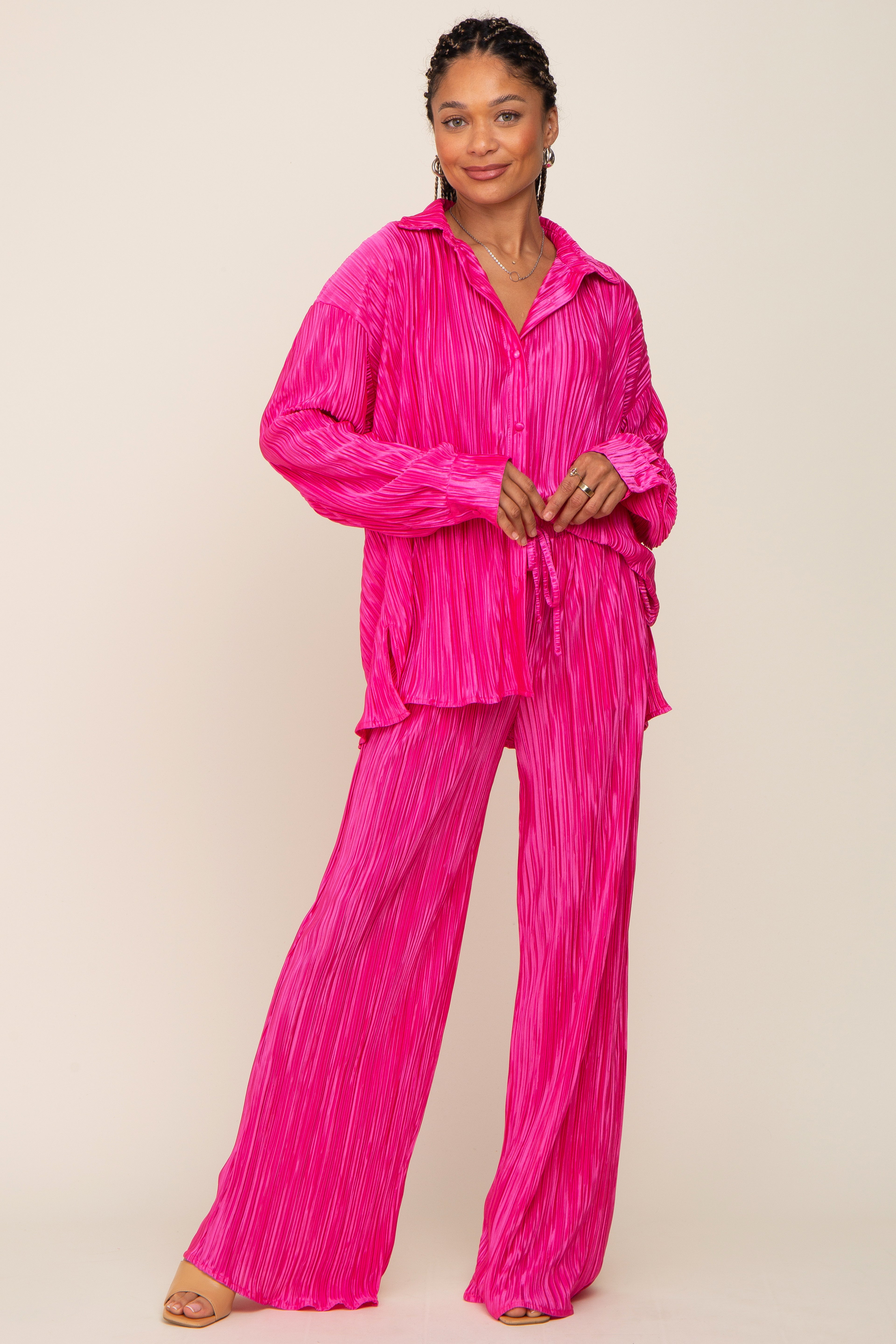 Fuchsia Pleated Plisse Button Up Two-Piece Set – PinkBlush