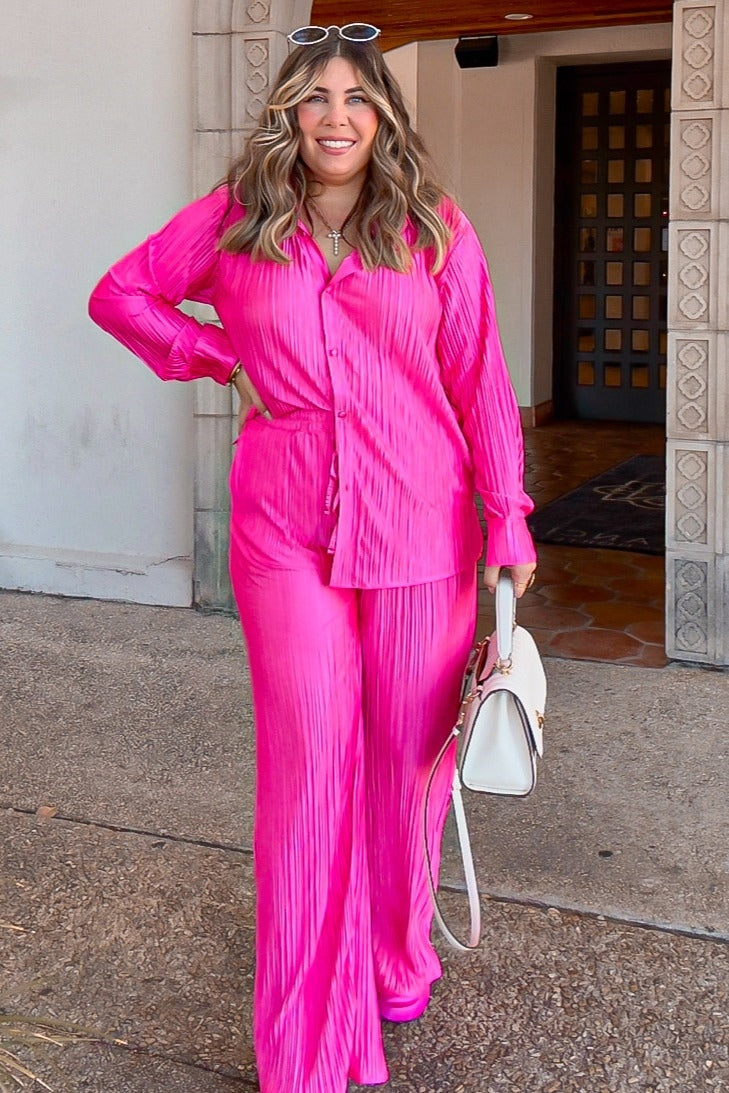 Fuchsia Pleated Plisse Button Up Two-Piece Maternity Set