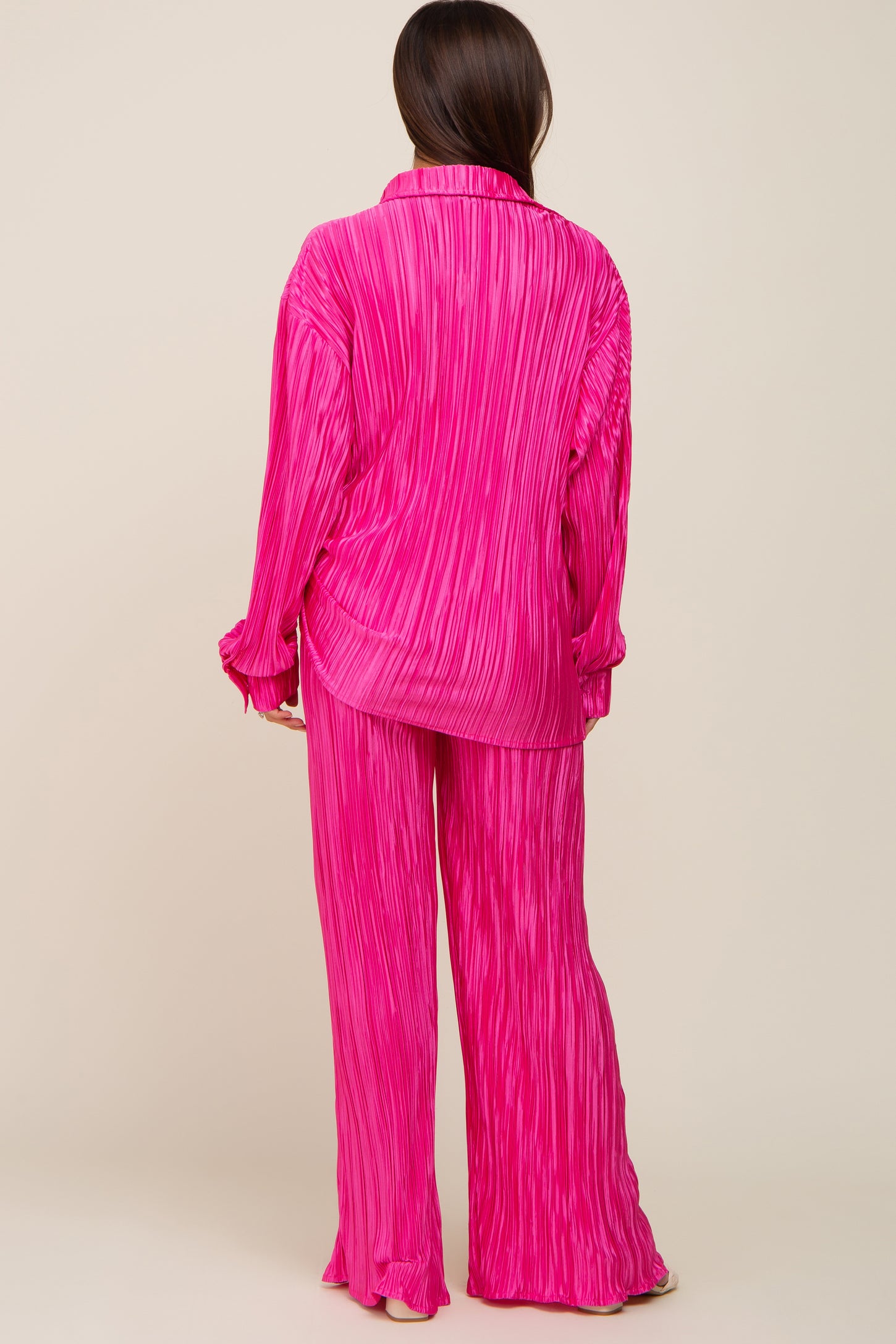 Fuchsia Pleated Plisse Button Up Two-Piece Maternity Set
