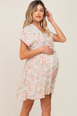 Light Olive Floral V-Neck Short Sleeve Maternity Dress