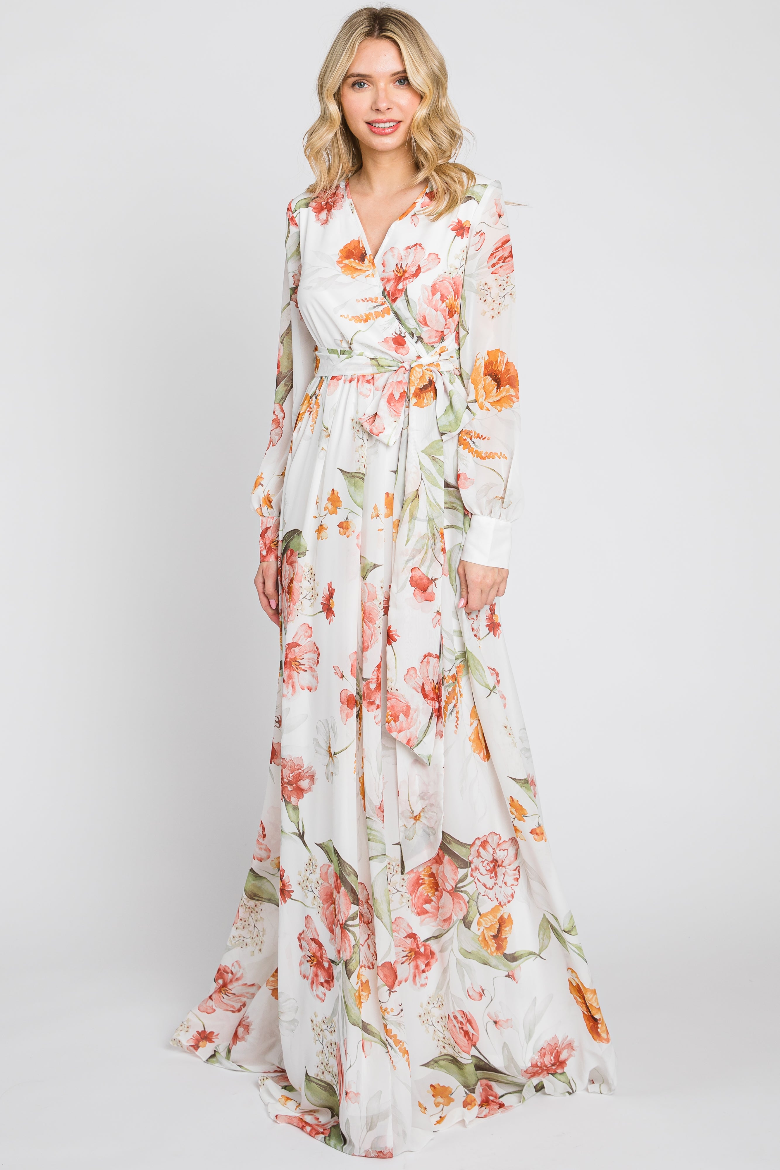 Ivory Floral Chiffon Long Sleeve Maxi Dress – PinkBlush