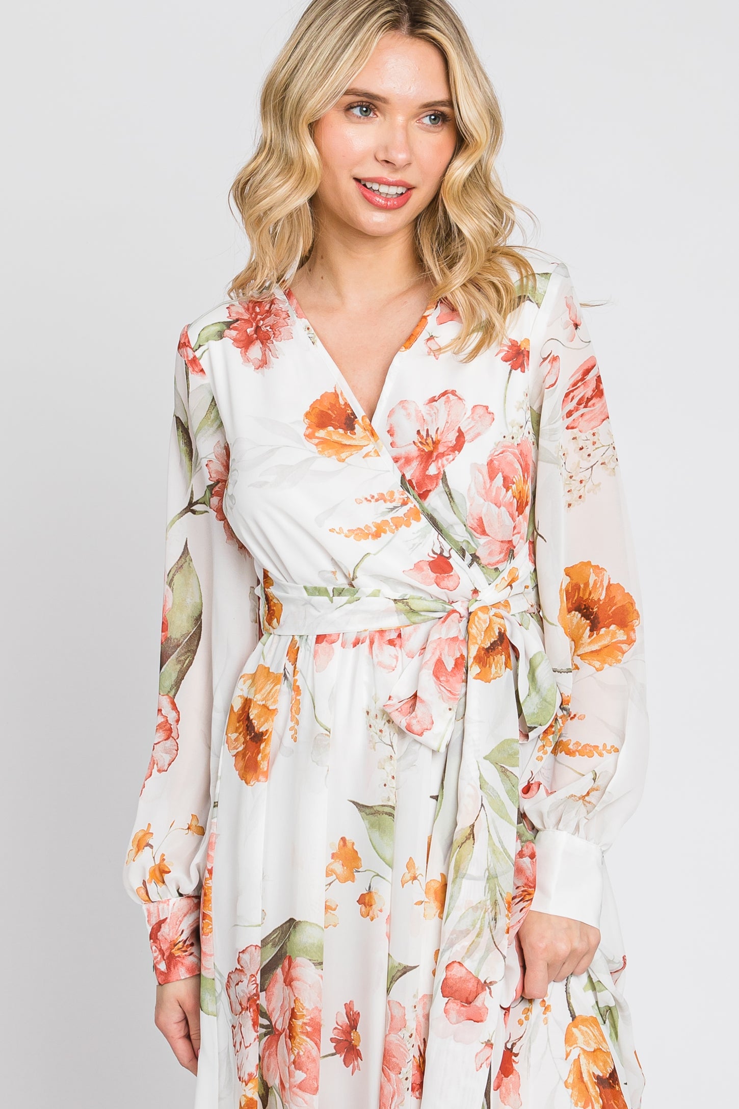 Ivory Floral Chiffon Long Sleeve Maxi Dress PinkBlush Ivory Floral Chiffon Long Sleeve Maxi Dress PinkBlush