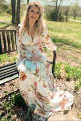 Ivory Floral Chiffon Long Sleeve Maxi Dress