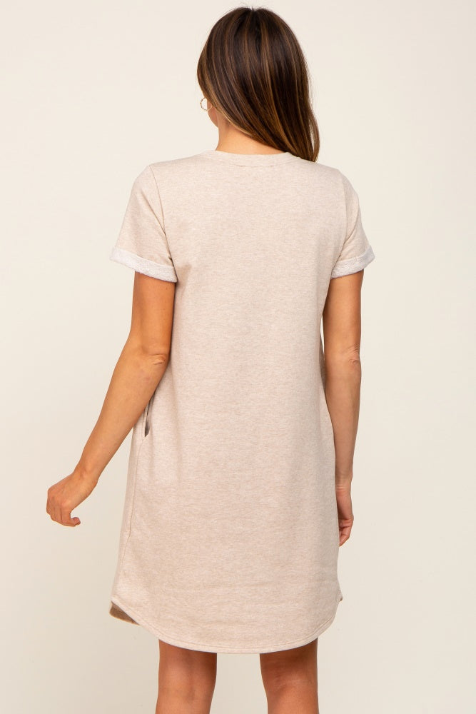 Beige French Terry Cuffed Short Sleeve Dress
