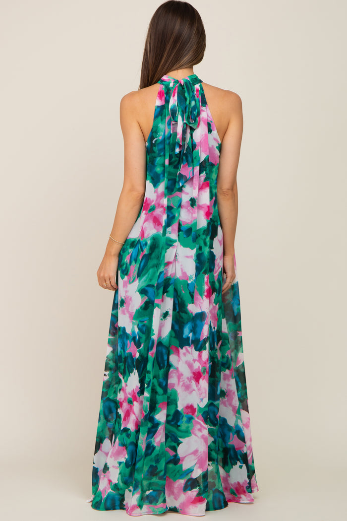 Green Multi-Color Halter Maternity Maxi Dress