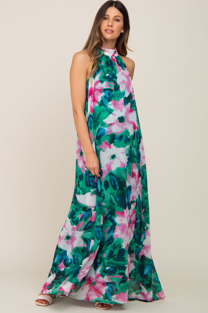 Green Multi-Color Halter Maternity Maxi Dress