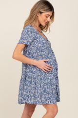 Blue Floral Tiered Button Accent Maternity Dress