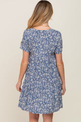 Blue Floral Tiered Button Accent Maternity Dress