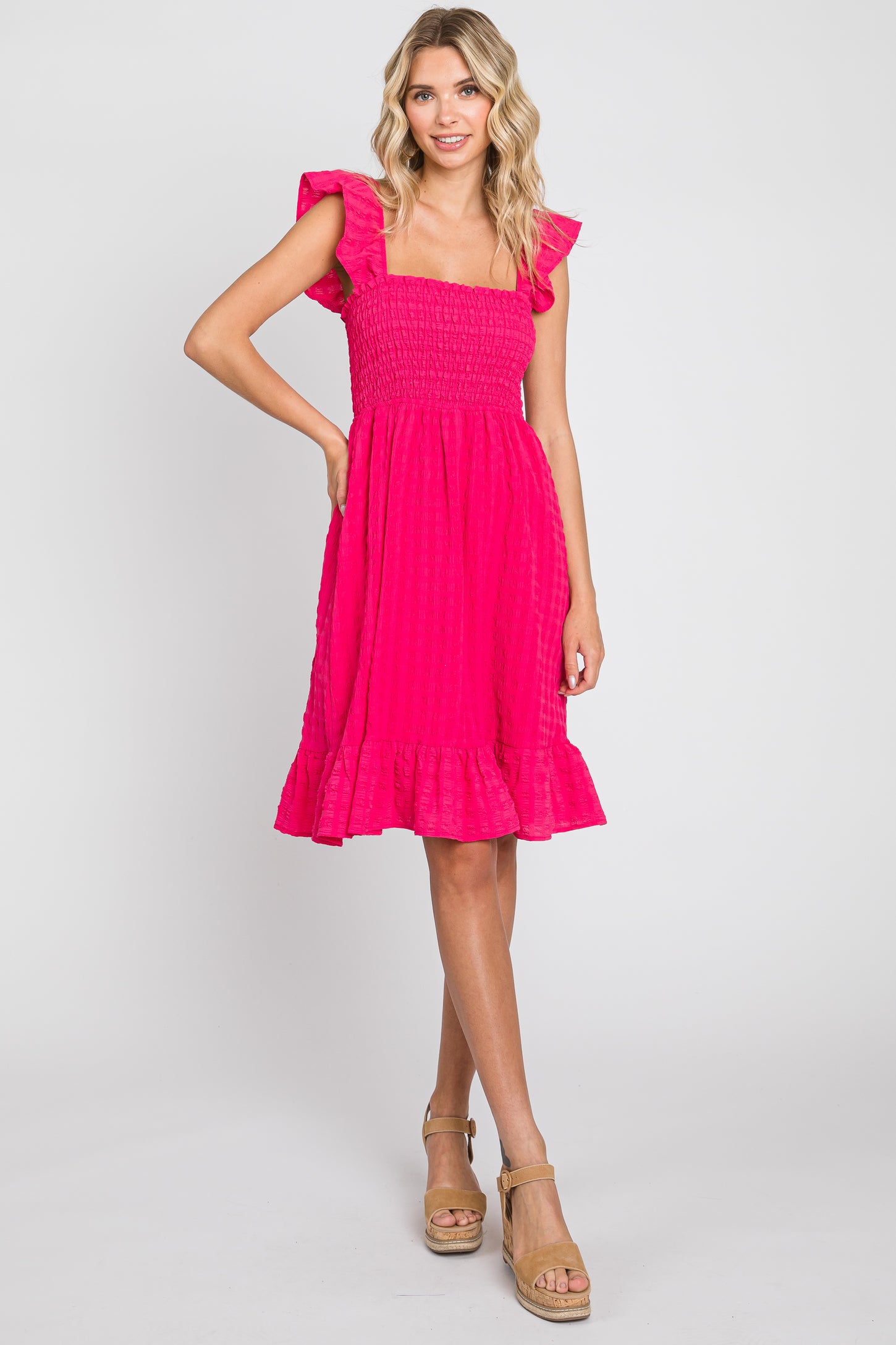 Fuchsia Textured Sleeveless Smocked Dress