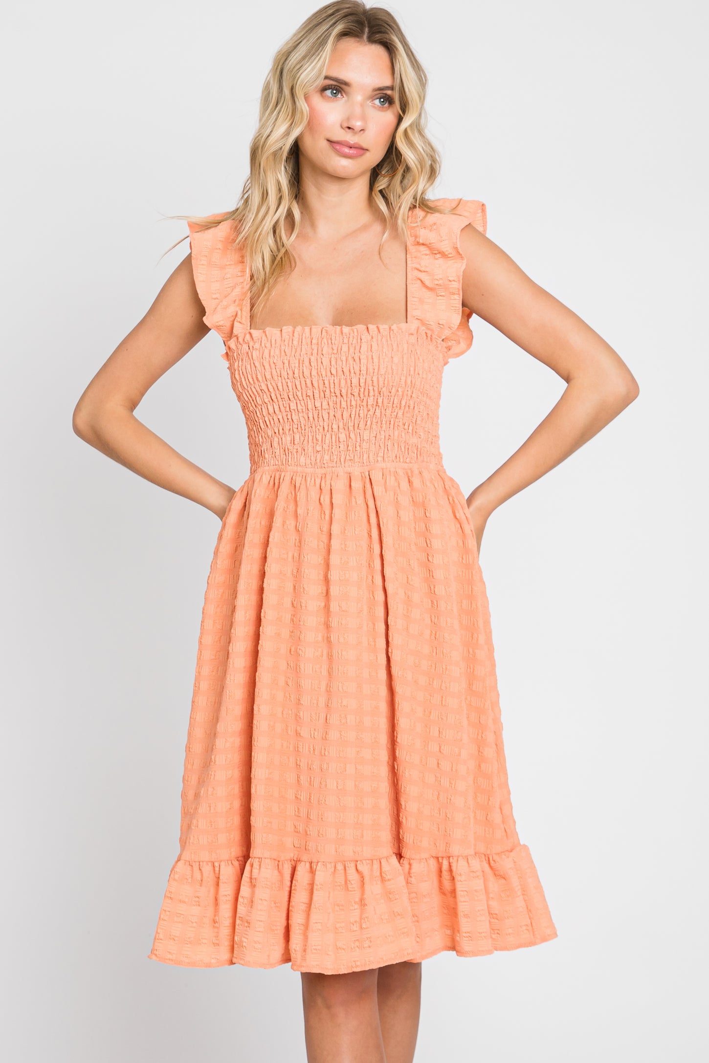 Peach Textured Sleeveless Smocked Maternity Dress