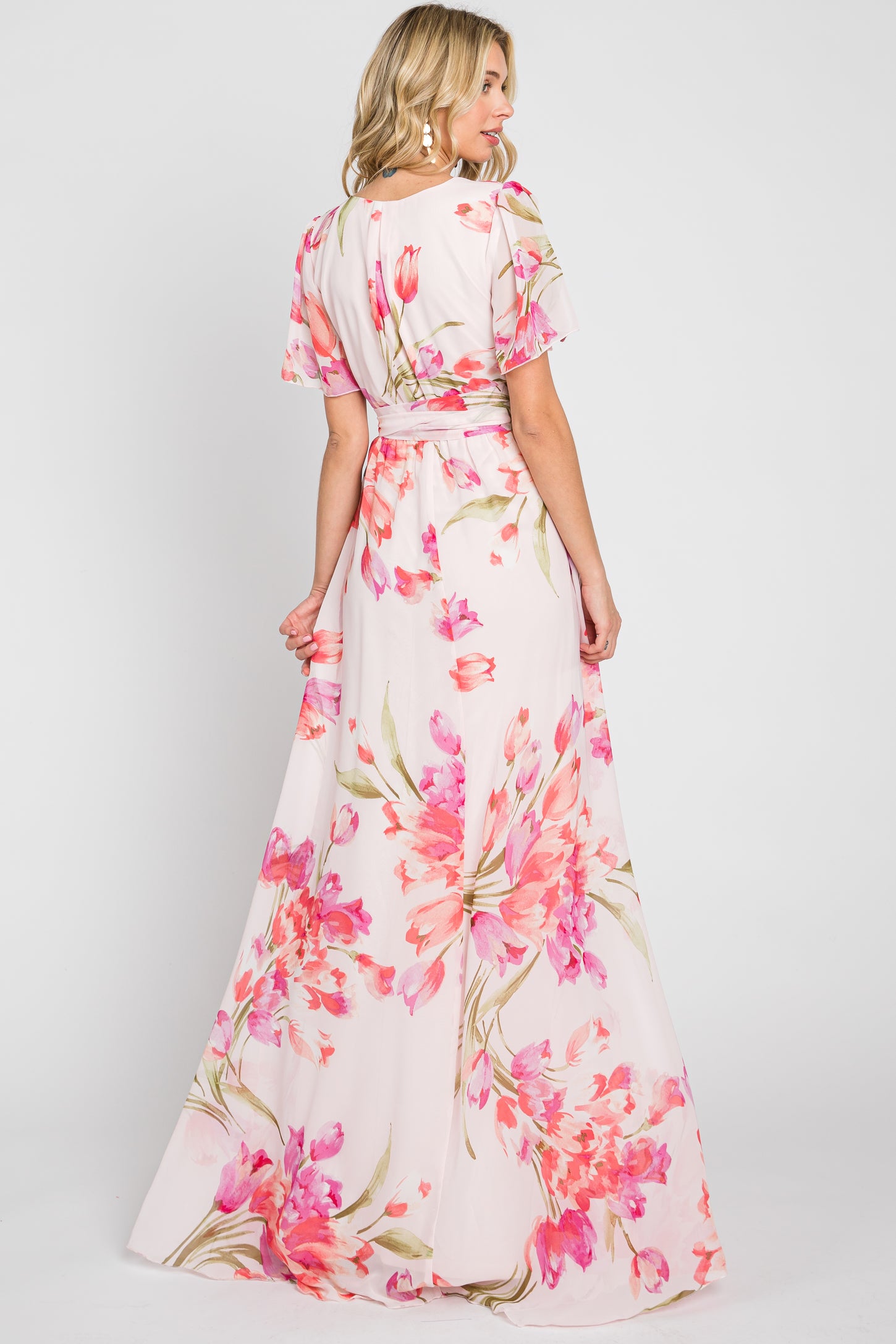Pink Tulip Floral Chiffon Wrap Front Short Sleeve Maxi Dress PinkBlush Pink Tulip Floral Chiffon Wrap Front Short Sleeve Maxi Dress PinkBlush