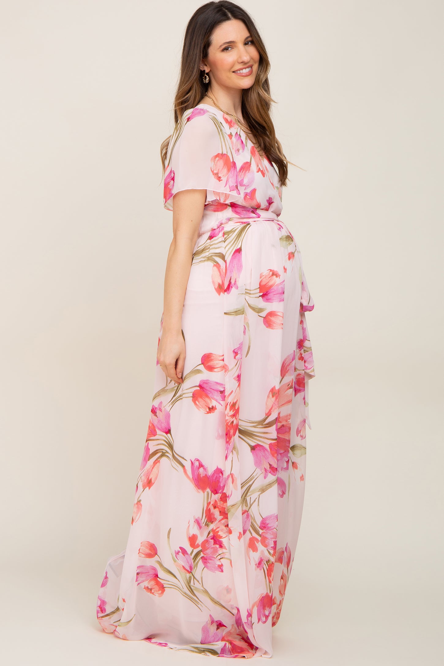 Pink Tulip Floral Chiffon Wrap Front Short Sleeve Maternity Maxi Dress PinkBlush Pink Tulip Floral Chiffon Wrap Front Short Sleeve Maternity Maxi Dress PinkBlush