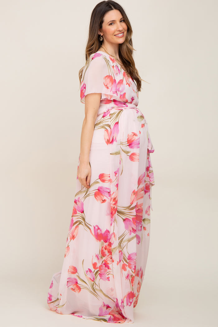 Pink Tulip Floral Chiffon Wrap Front Short Sleeve Maternity Maxi Dress