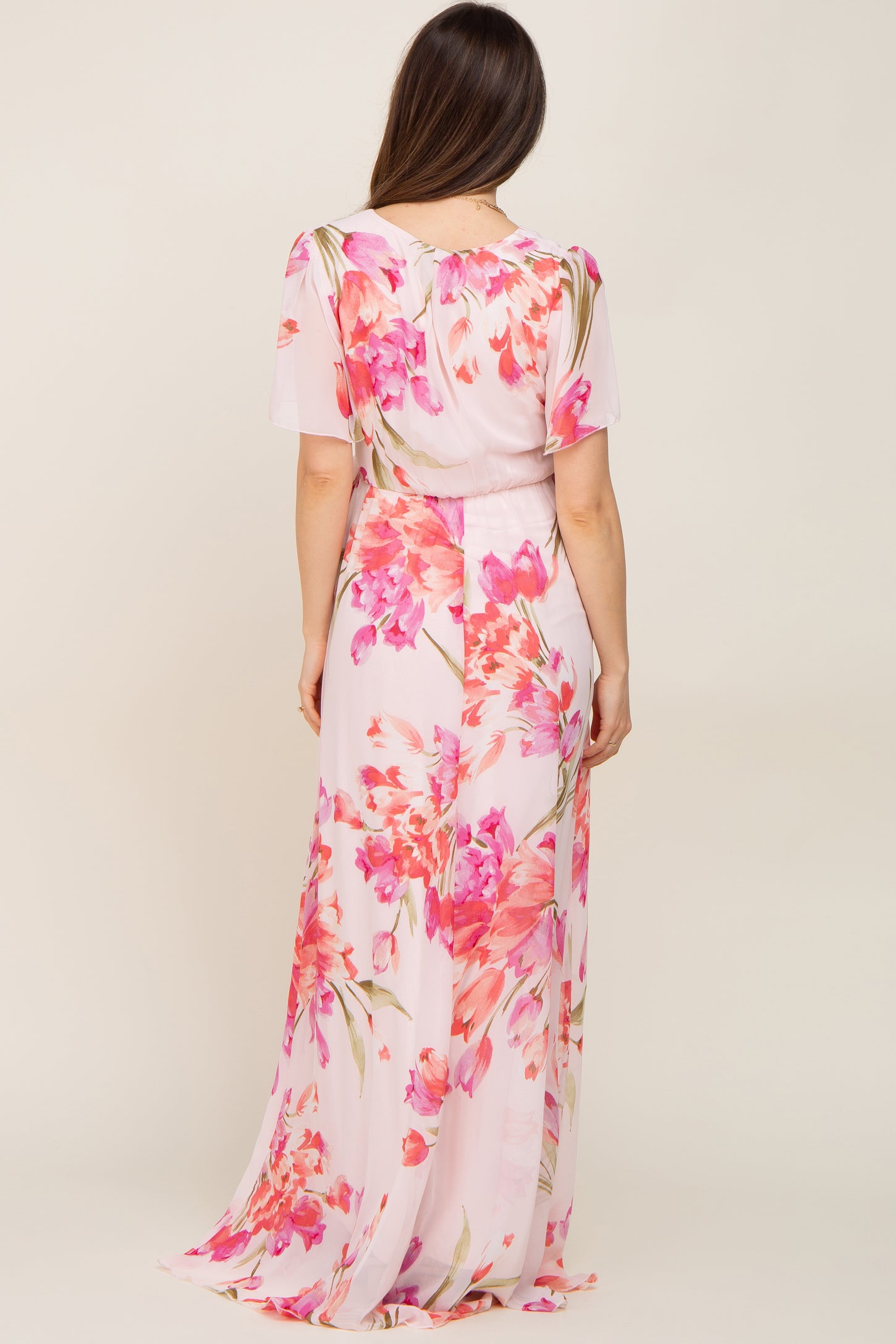 Pink Tulip Floral Chiffon Wrap Front Short Sleeve Maternity Maxi Dress PinkBlush Pink Tulip Floral Chiffon Wrap Front Short Sleeve Maternity Maxi Dress PinkBlush