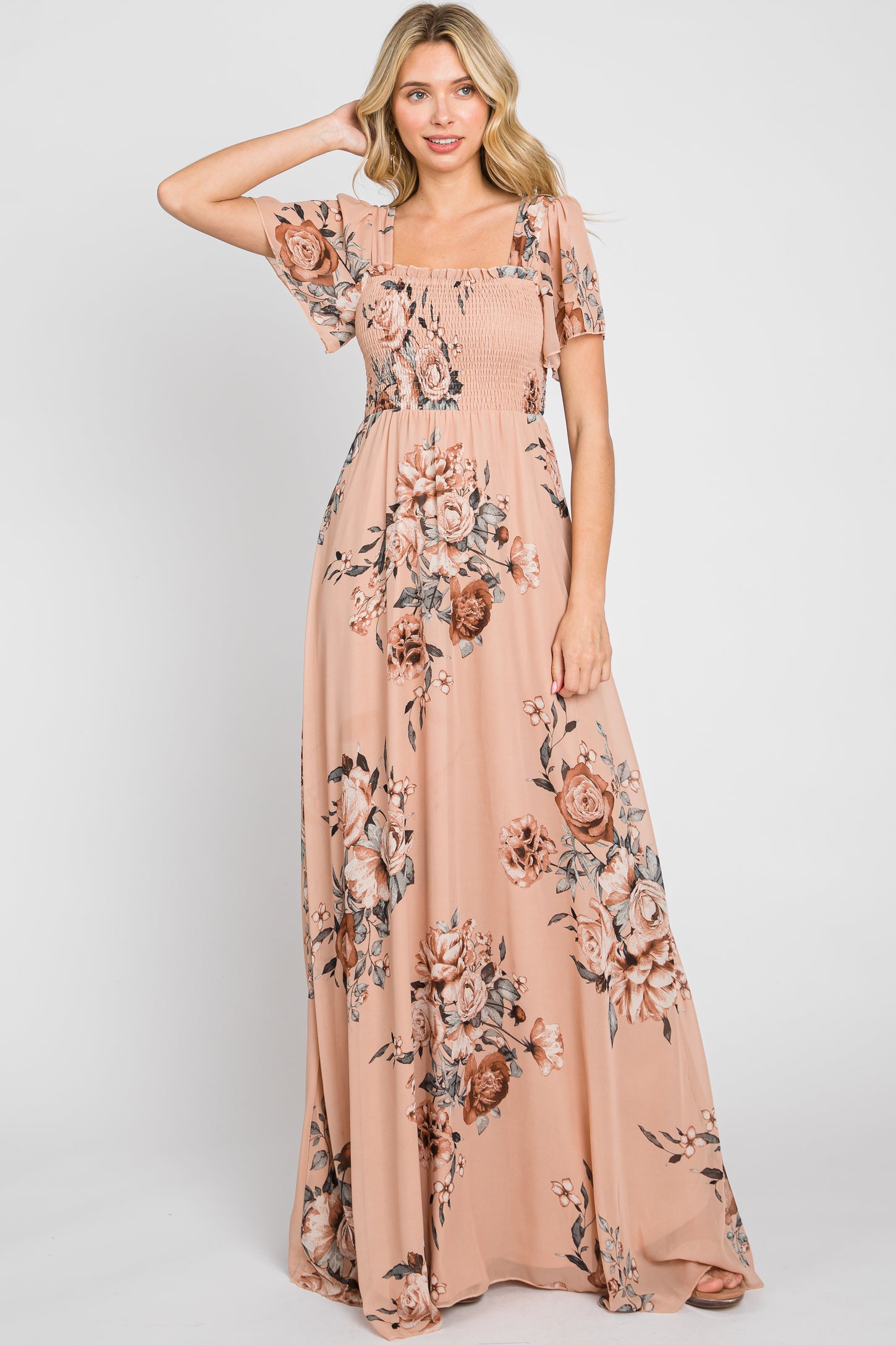 Beige Floral Chiffon Square Neck Smocked Short Sleeve Maternity Maxi D PinkBlush Beige Floral Chiffon Square Neck Smocked Short Sleeve Maternity Maxi D PinkBlush