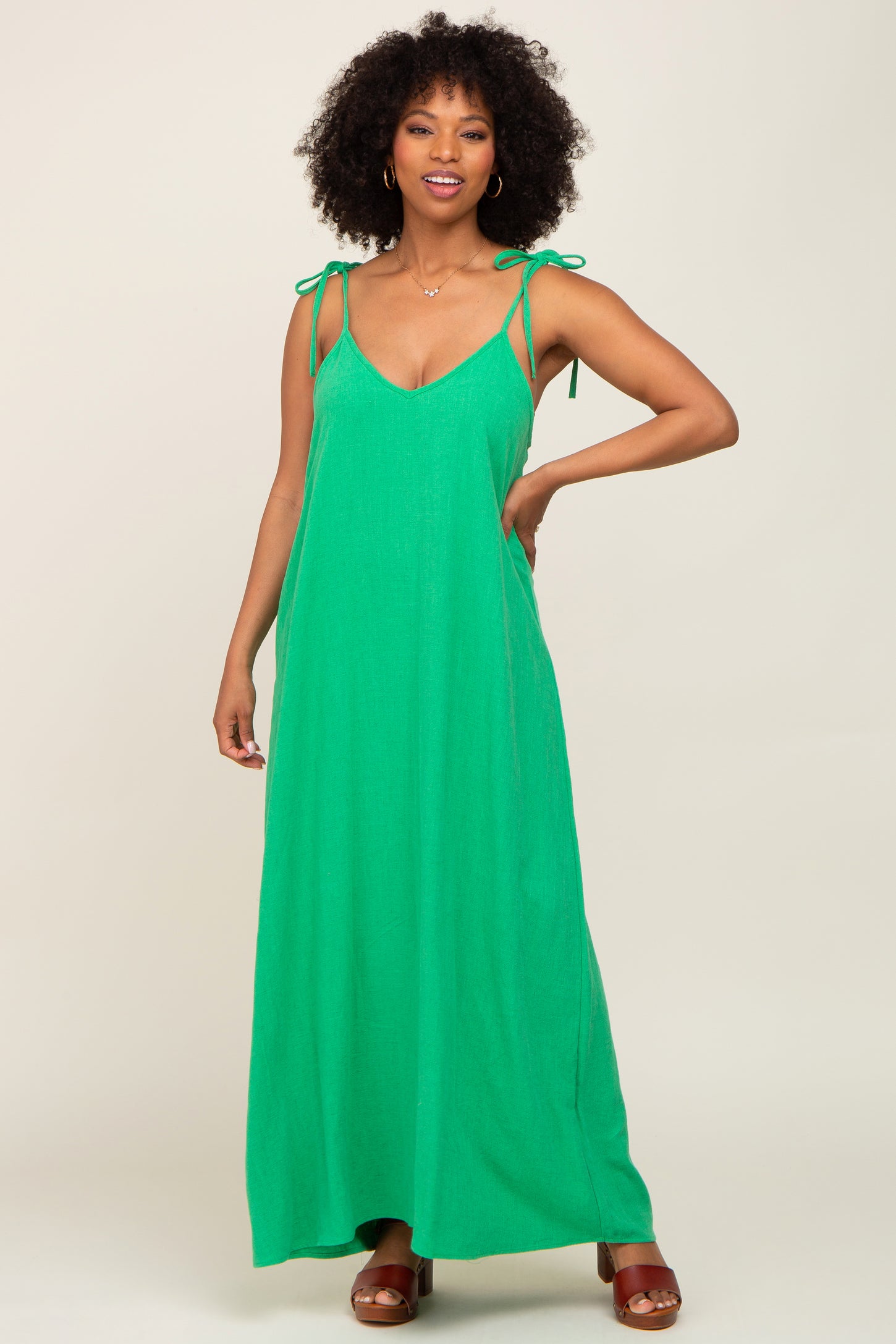 Green Linen V-Neck Tie Strap Maxi Dress PinkBlush Green Linen V-Neck Tie Strap Maxi Dress PinkBlush