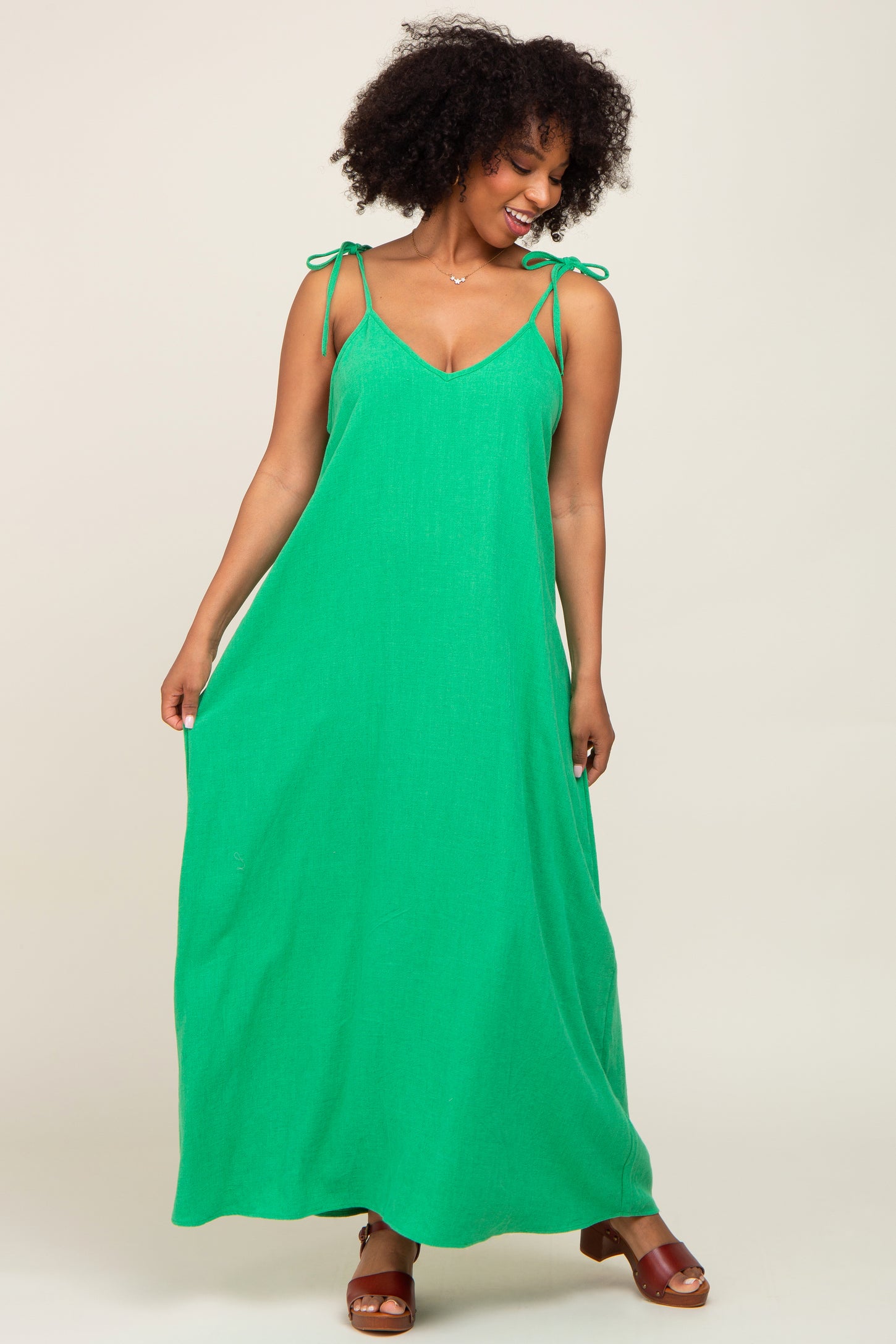 Green Linen V-Neck Tie Strap Maxi Dress PinkBlush Green Linen V-Neck Tie Strap Maxi Dress PinkBlush