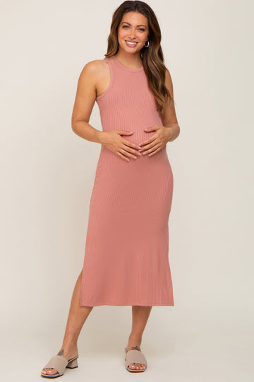 Mauve Ribbed Cutout Shoulder Side Slit Midi Dress