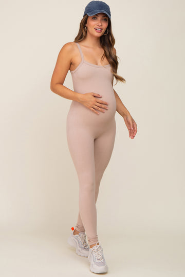 Taupe Ribbed Sleeveless Maternity Jumpsuit