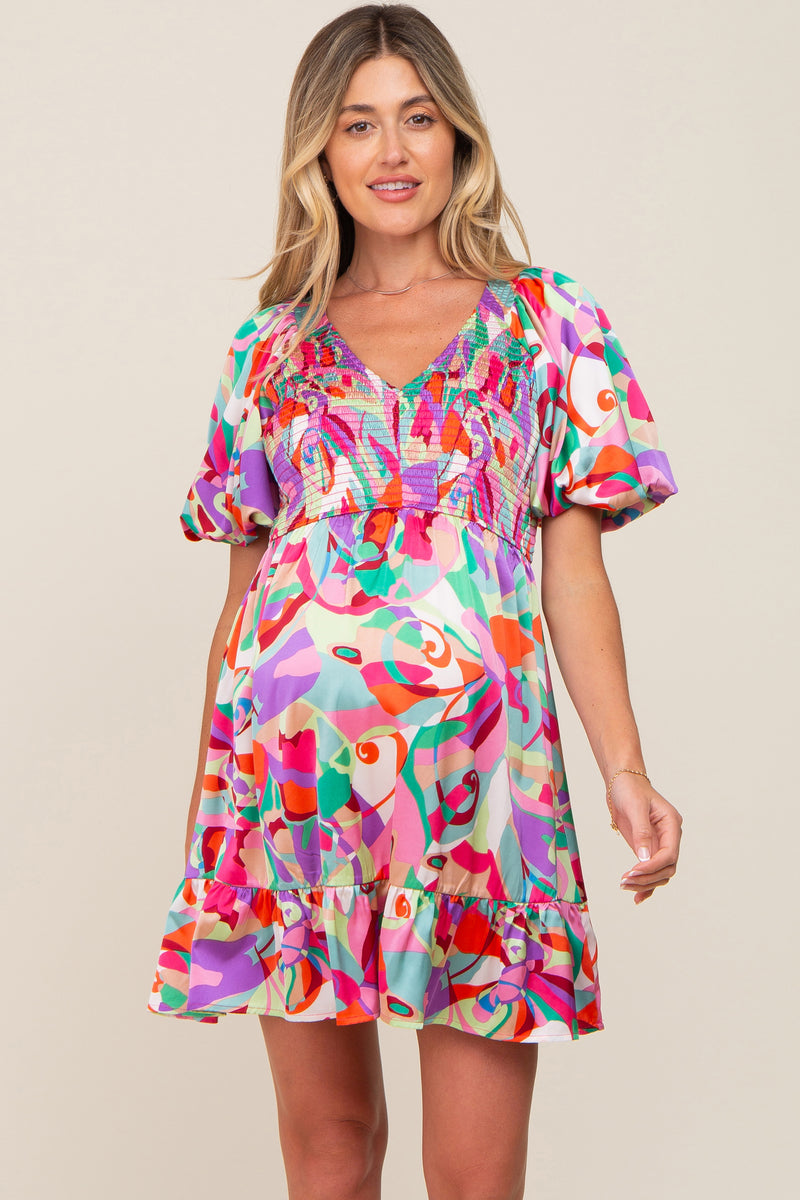Maternity Color Multi-Color Satin Smocked V-Neck Maternity Dress – PinkBlush