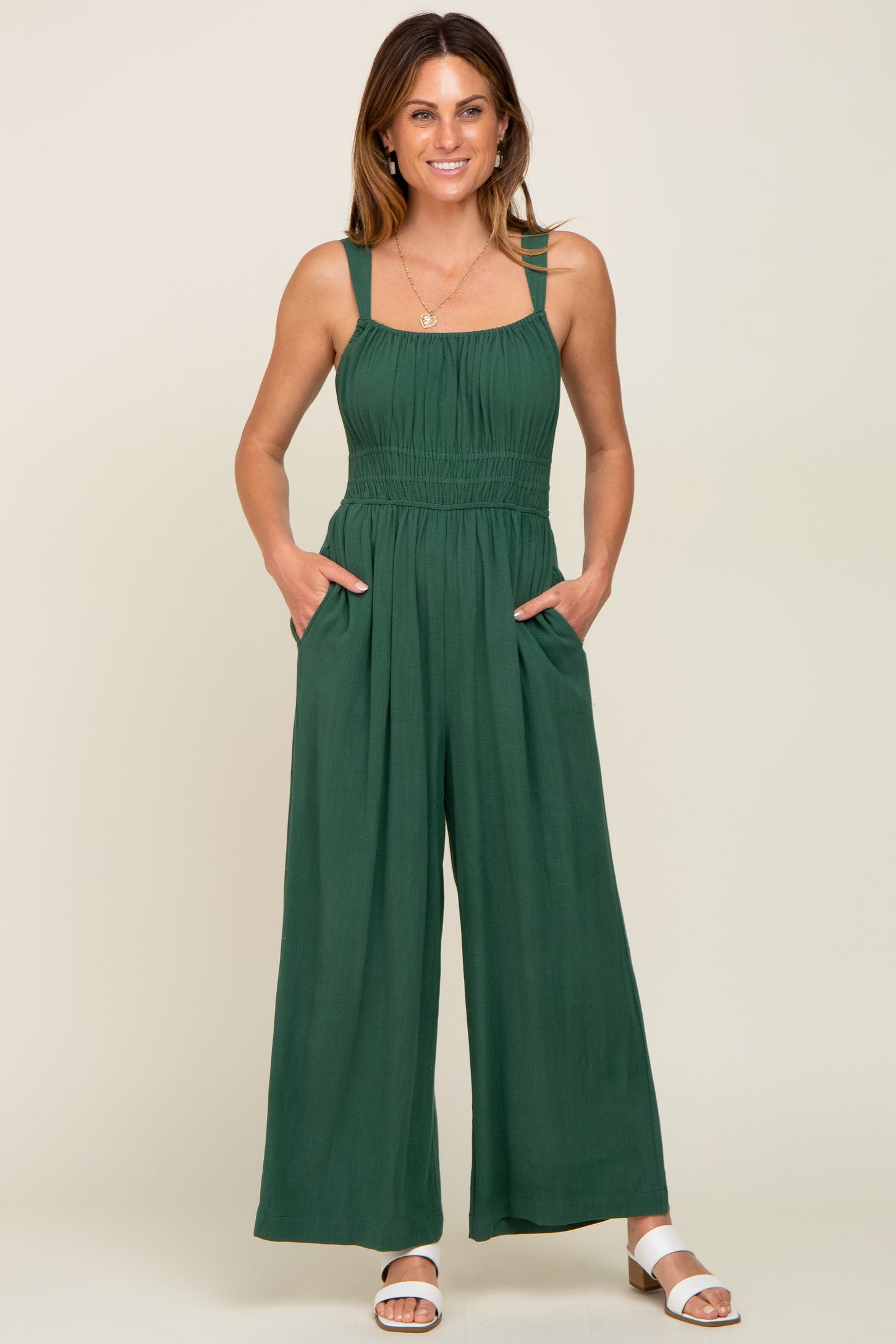 Green Smocked Square Neck Sleeveless Linen Jumpsuit