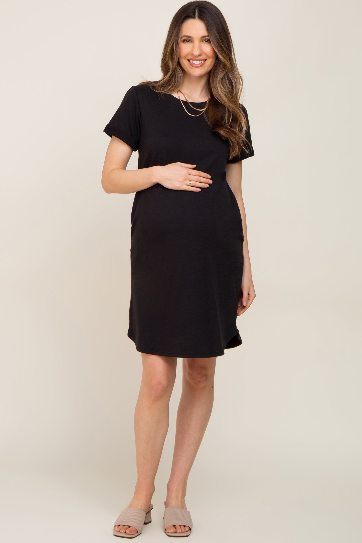 Black French Terry Cuffed Short Sleeve Maternity Dress